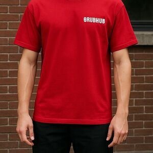 NWOT GRUBHUB Bold Red‎ Tee with logo and GH on sleeve Size Large Unisex